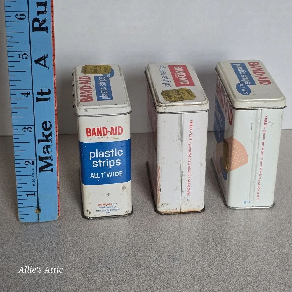 3 Band-Aid Tins Vintage Metal Lid Bathroom Display Cabinet‎ Decor Pharmaceutical